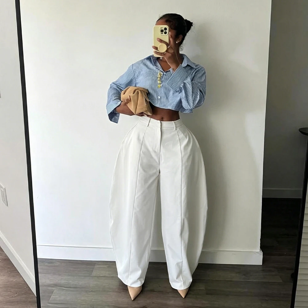2026 Herbst Damen High-Waist Vertikale Naht Ballonhose Lose Weite Hose mit Knopf- und Reißverschluss Modische Streetwear Pendlerhose – Detail 7