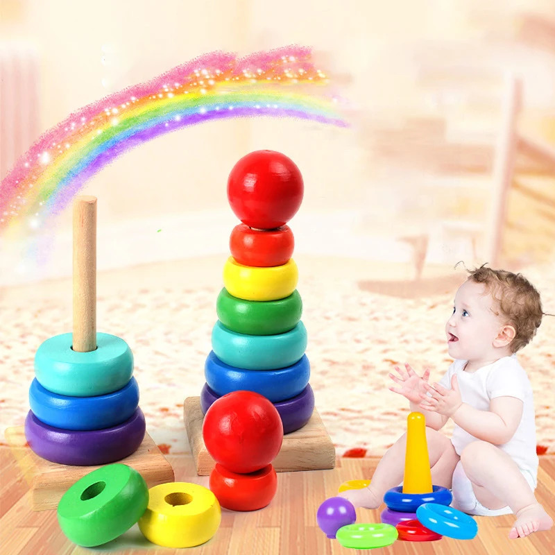 Children's Puzzle Rainbow Tower Stacking Toys Funny Colourful Circles Wooden Baby Early Learning Toys Kids Birthday Holiday Gift