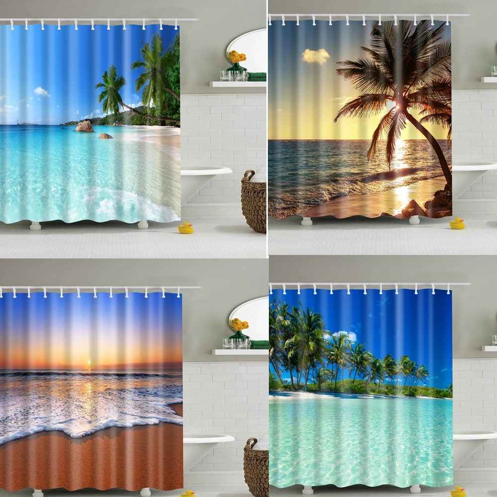 Blue Sky Beach Shower Curtain Modern Landscape Printing Bathroom 3D Shade Large for Bathroom