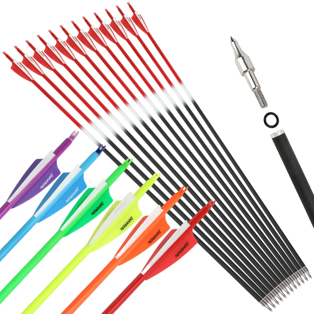 

6/12 шт., позвоночник 500, смешанная карбоновая стрела, 30 дюймов, цветная стрела, 100 зерен, наконечник стрелы, резиновая лопасть, лук, охотничья стрельба по мишеням, стрела