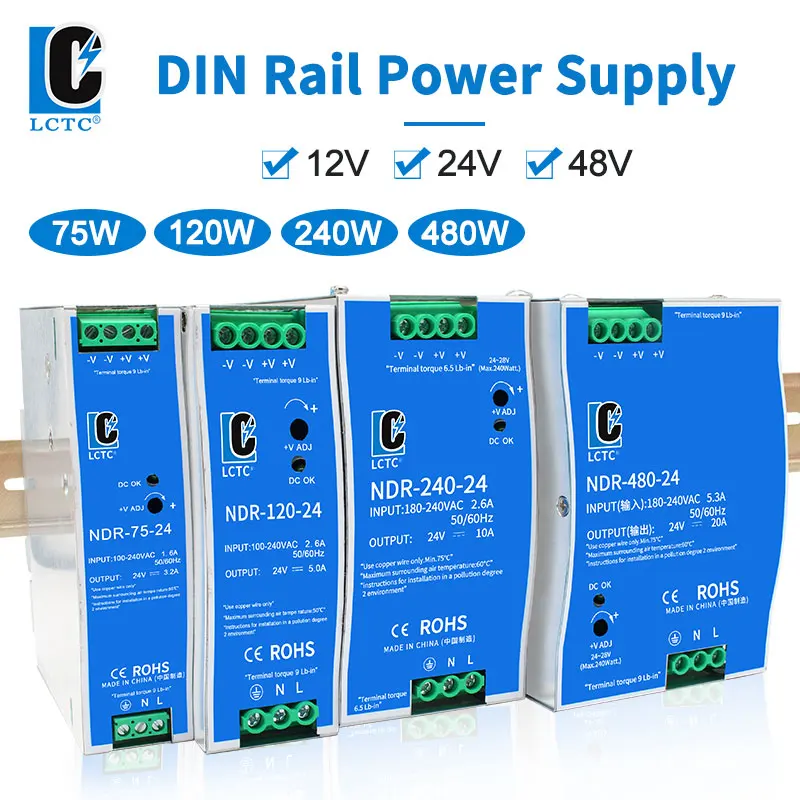 Zasilacz impulsowy LCTC NDR-75W 120W 240W 480W Przemysłowa szyna DIN 12V 24V 48V Transformator mocy AC/DC z pojedynczym wyjściem