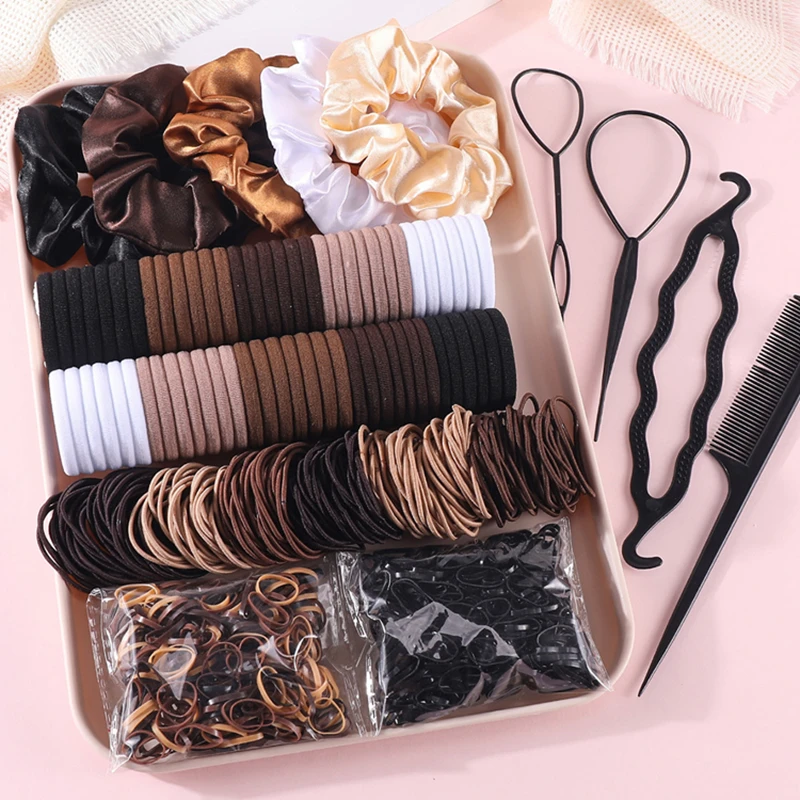 1109-teiliges Set für Damen: Haarschmuck für dunkles Haar, elastische, nahtlose Pferdeschwanz-Haargummis, kleine Gummibänder, modische Haarbänder und Stirnbänder
