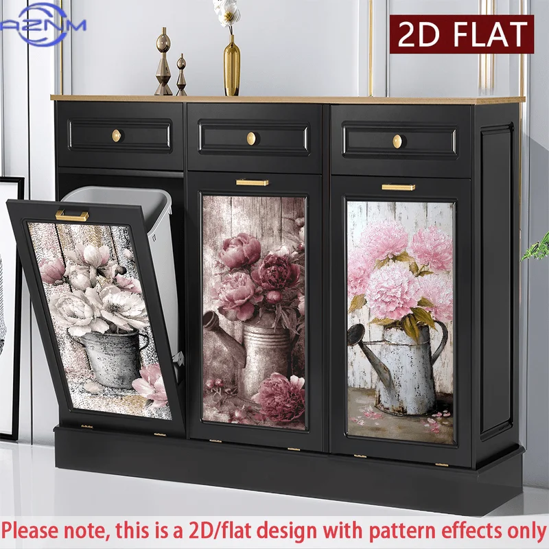 2D/FLAT-3pcs Vintage Flower Vase Pattern Trash Can Stickers Self - Adhesive PVC Wall Stickers Waterproof Scratch - Resistant E