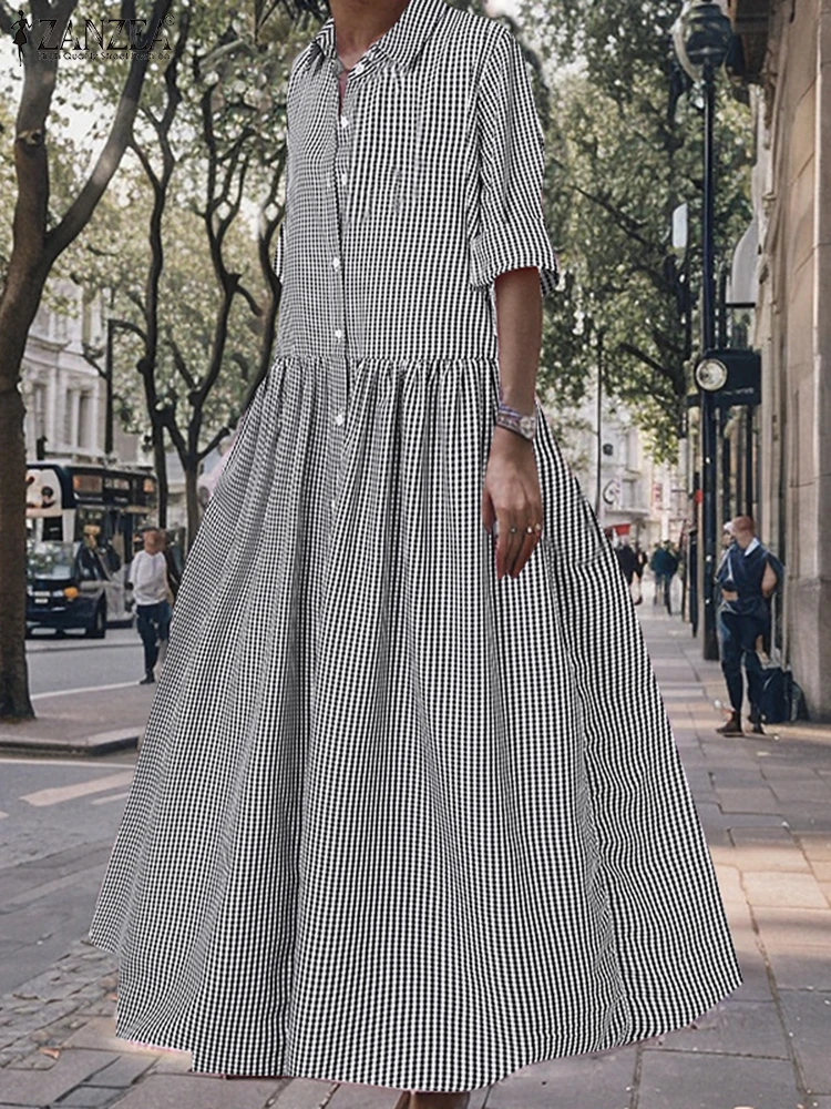 ZANZEA Holiday Loose Casual Shirt Dress Women Turn-down Collar Gathered Waist Maxi Dresses Long Sleeve Commute Gingham Vestidos