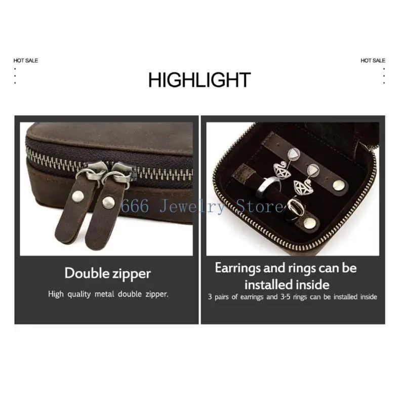 

F2TD Genuine Leather Jewelry Cowhides Watches Case Box for Travelling Portable Ornament Accessory Storage Bags Box