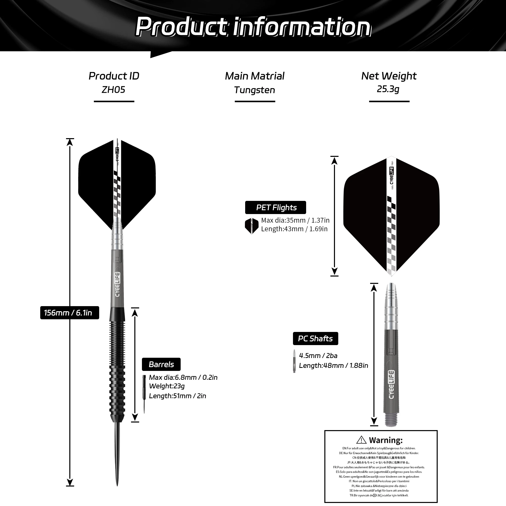 CyeeLife 23g hard tungsten steel dart (total weight 25.3g) 90% tungsten steel professional competition dart