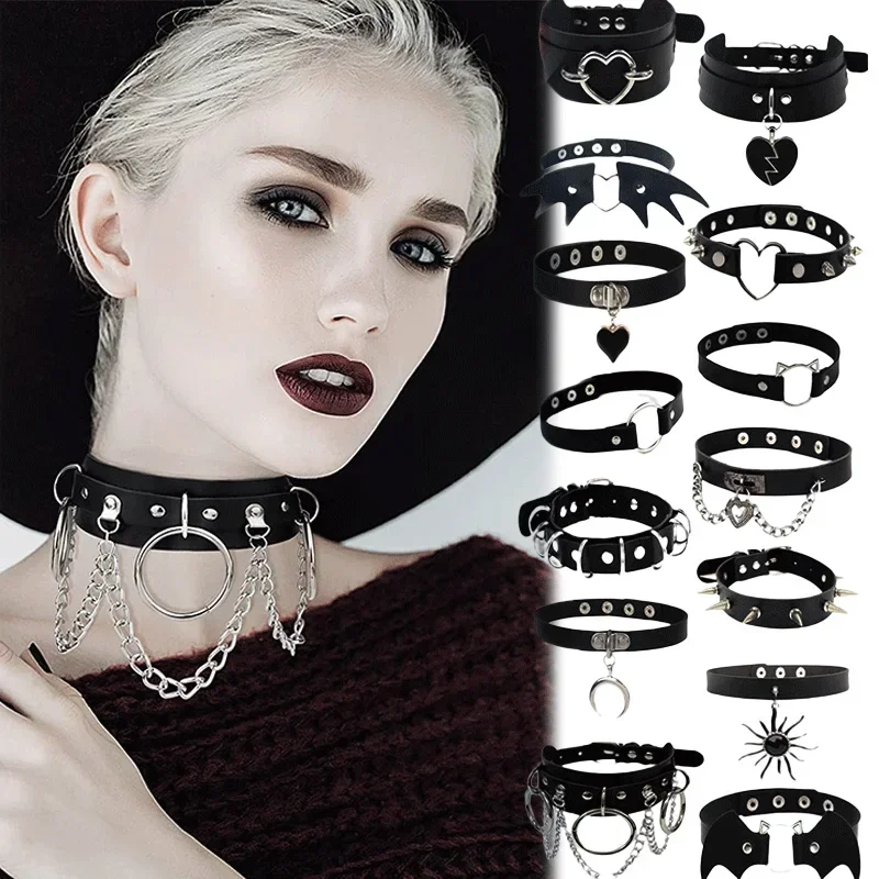 Woman Black Punk Choker Collar Necklace Pu Leather Goth Rivets Choker Necklace Pendientes Party Club Sexy Gothic Femme Jewelry