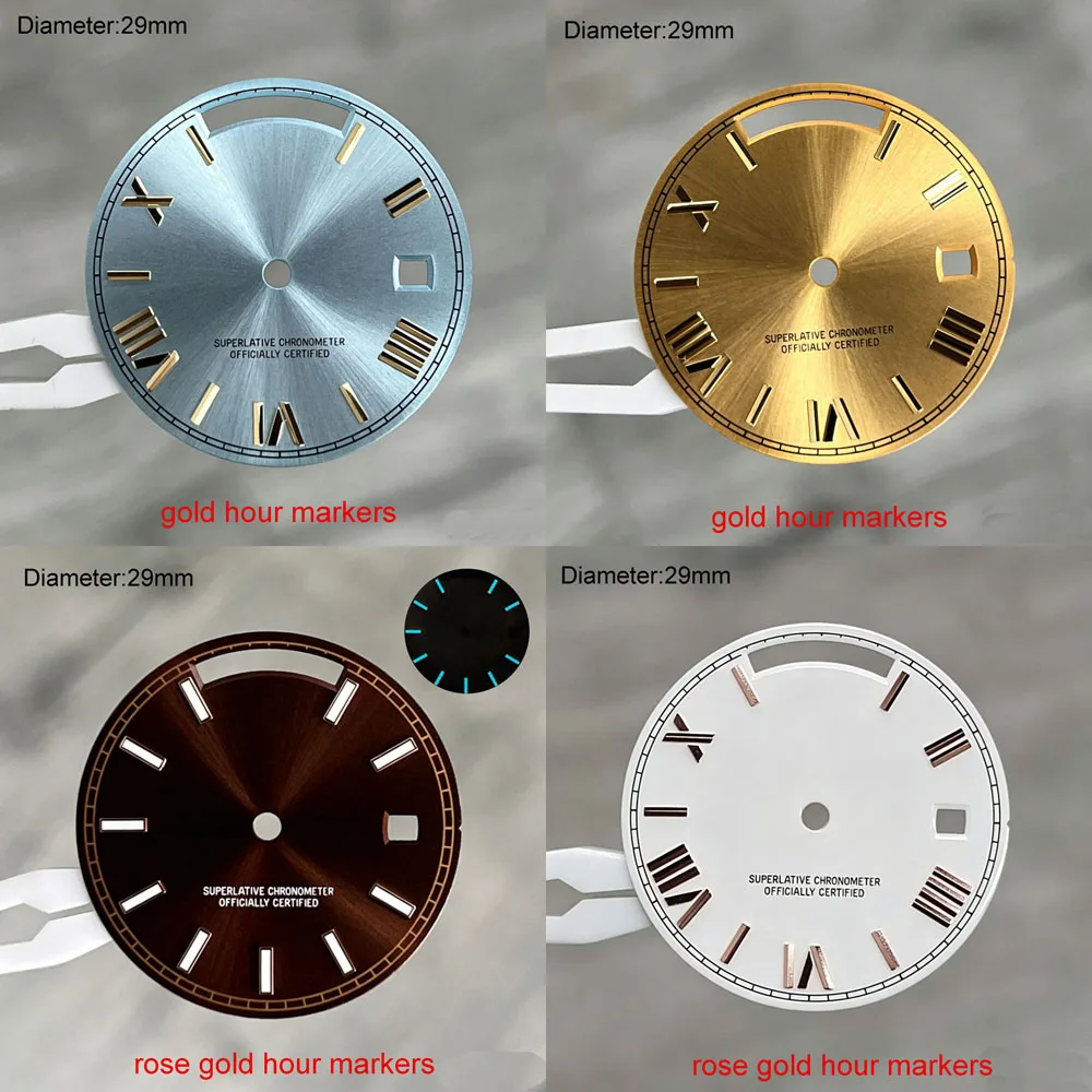 29mm 8285 S Logo Dial Sunburst Silver Green Rose Gold Chocolate Dial for Miyota 8285 Movement Day...Date S Dial WatchMods