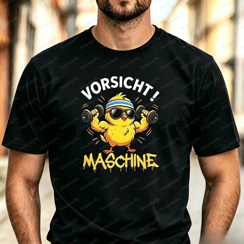 Fashion Unisex Summer Short Sleeve T-Shirt Caution Machine Funny Chick Dumbbell Fitness Graphic Tee Stylish Casual Sports Tops