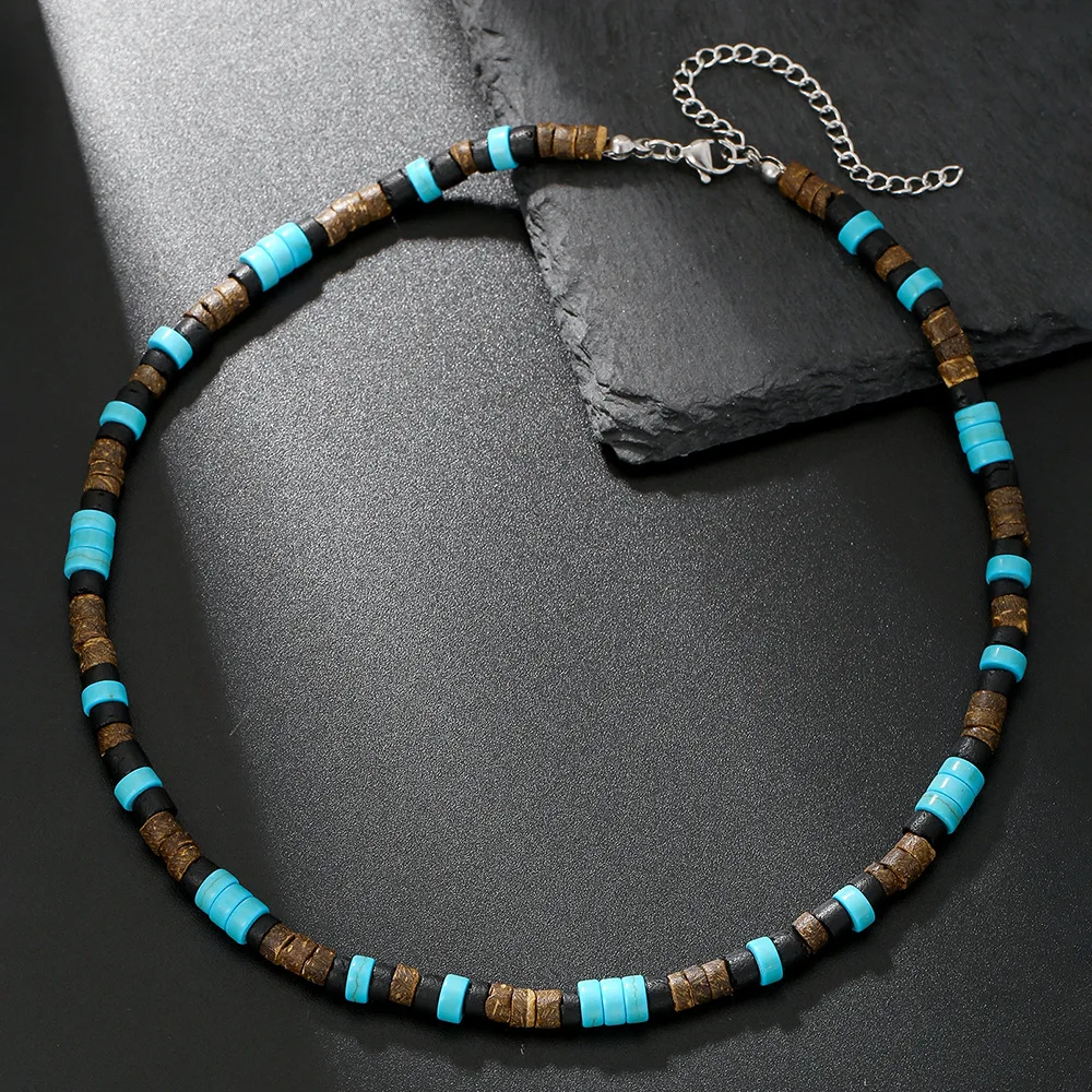 Bohemian Multicolor Beaded Choker Necklace Adjustable Natural Coconut Shell Volcanic Stone Turquoise Jewelry for Men Women