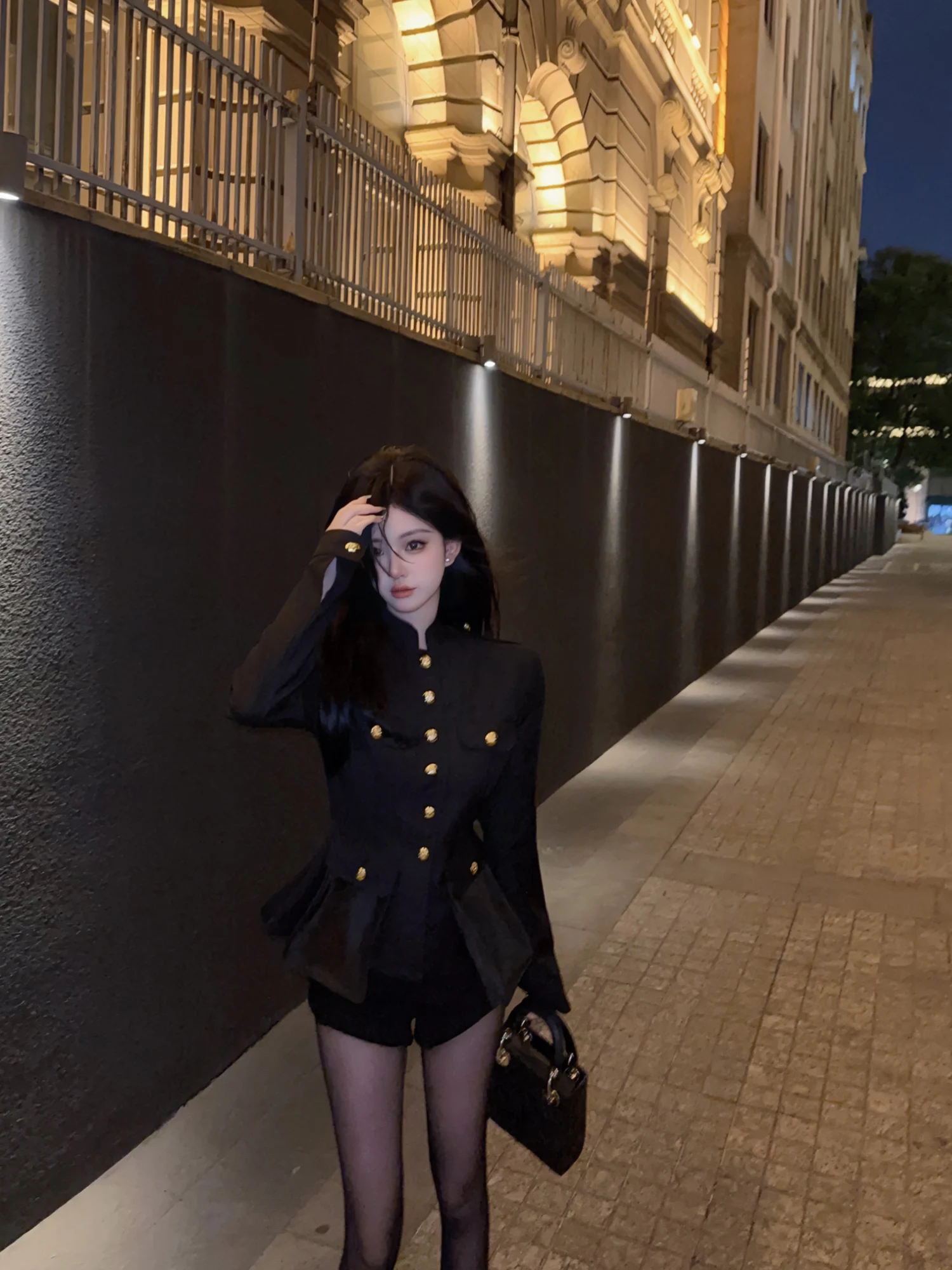 Eva Lady Jacket Stand Collar Short Coat Women's Slim Fit Waist Cinching Gold Button British Style Multi Pockets Polyester Fiber