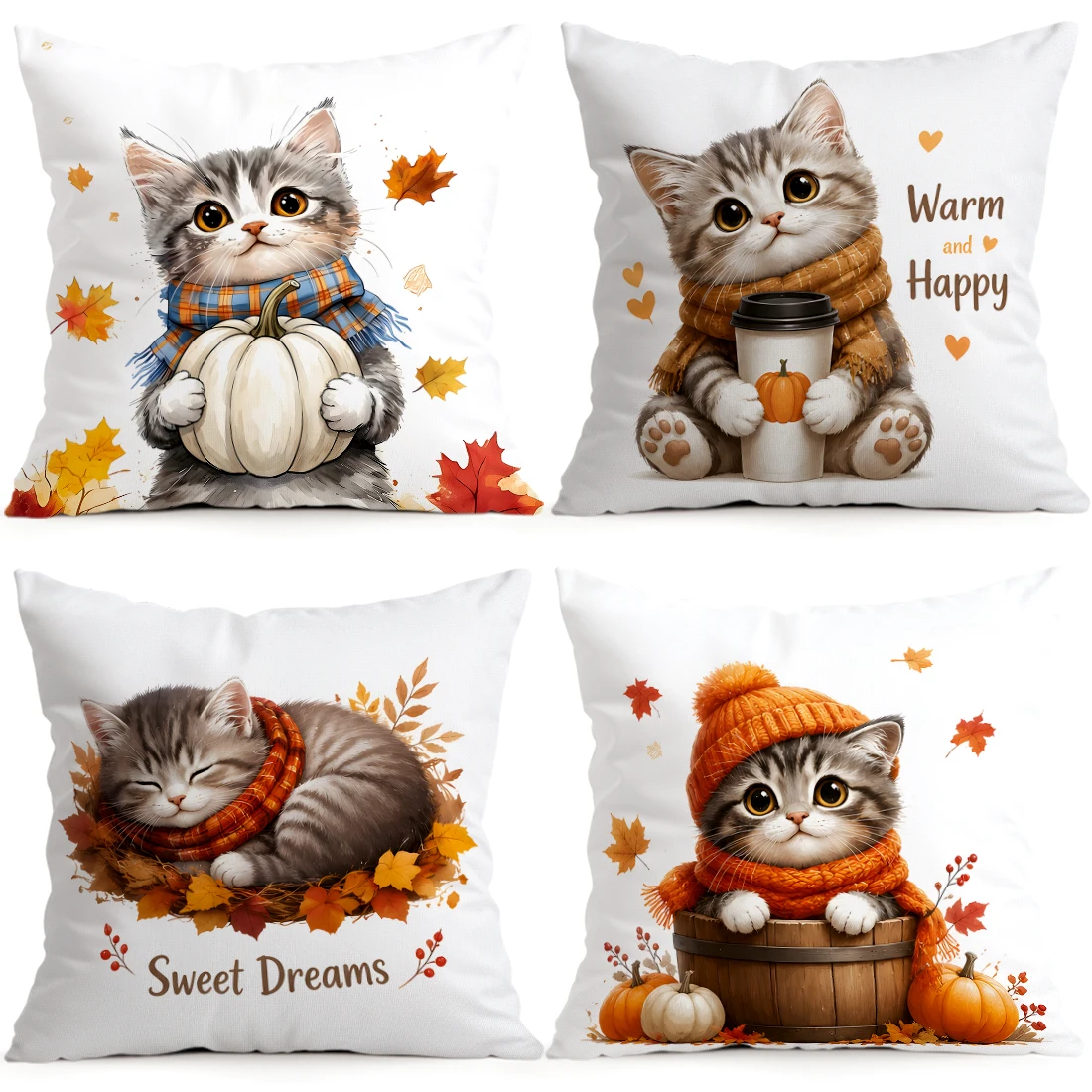 1pcs/4pcs Pumpkin Coffee Kitten Cushions Pillowcase Polyester Cushion Cover Throw Pillow Pillowcover Home Car Sofa Decor