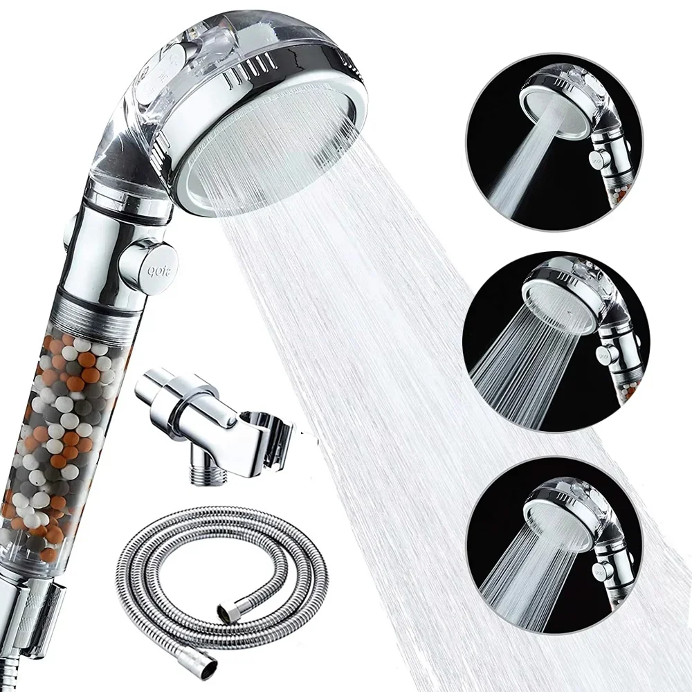 Shower Head High Pressure Water Saving with On/Off Switch Stop Button Ionic Mineral Anion 3 Modes Handheld Bathroom Showerheads