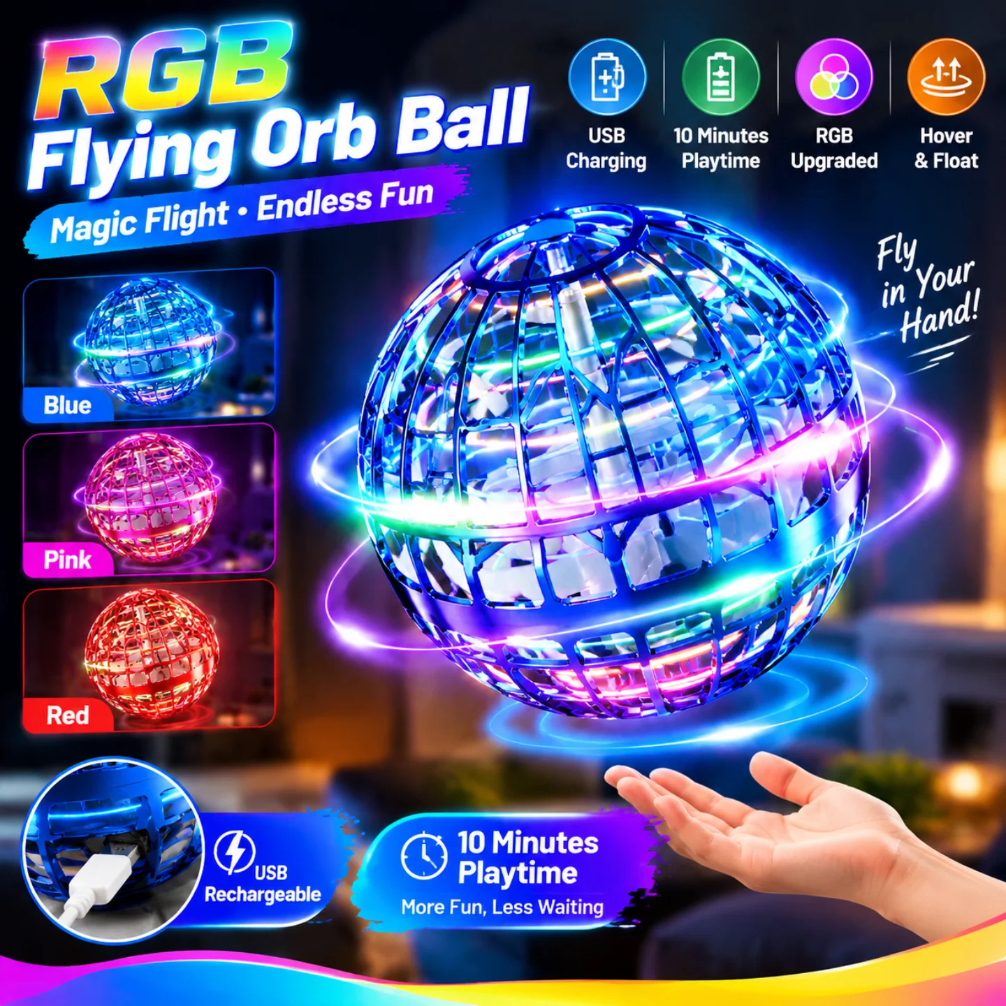 Upgraded RGB Flying Orb Ball Toy 10 Min Flight Time USB Rechargeable Hand Controlled Hover Drone Ball LED Spinner Birthday Gift