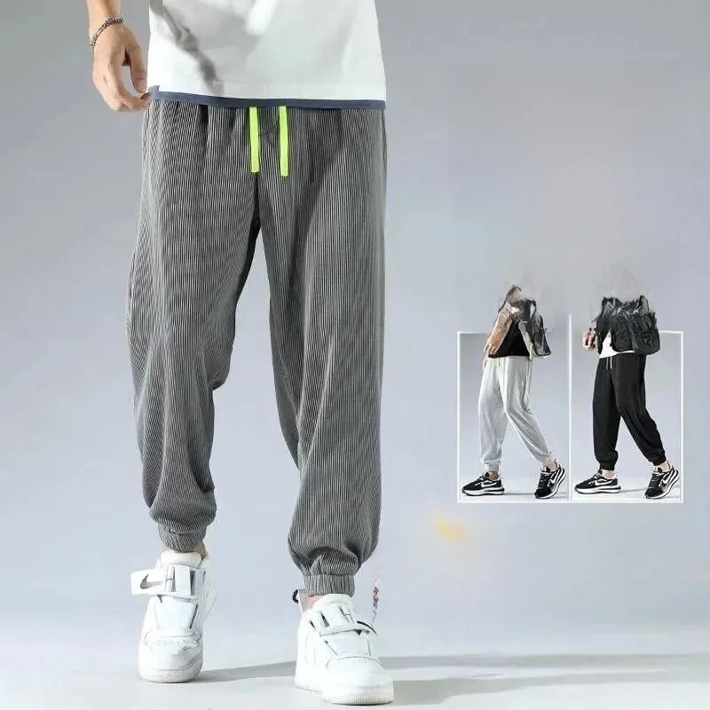 

Ice Silk Men's Summer Thin Trendy Brand Casual Pants Loose Fit Nine Points Loose Cuffed Casual Trousers Straight Leg Sportswear