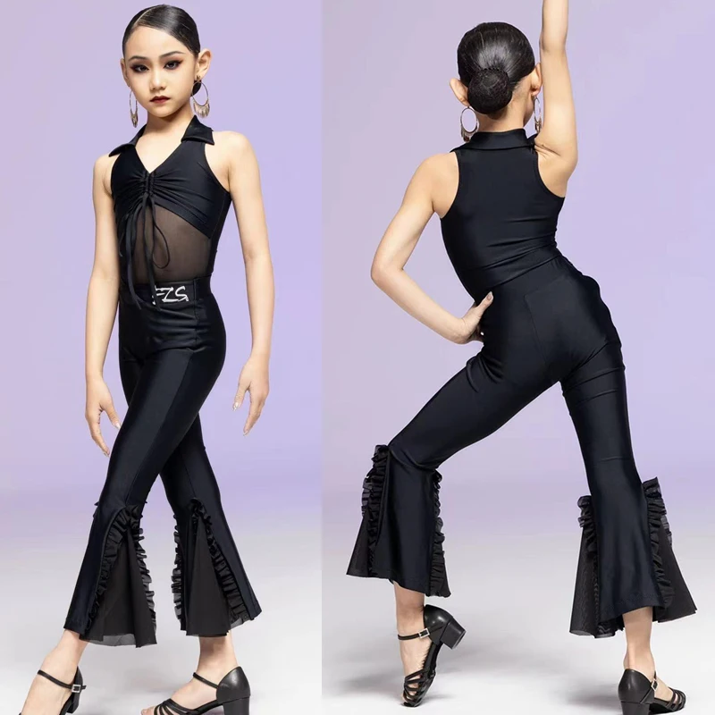 

2024 Sleeveless Top Flared Pants Practice Set Latin Dance Performance Costumes For Girls Children Chacha Latin Clothes DQS15950