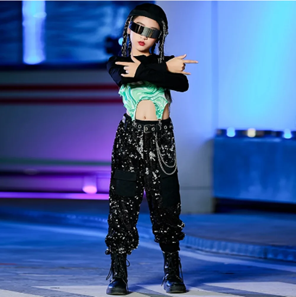 New Kids Hip Hop Dance Clothing Dye Tie Tops Shiny Sequins Pants Girls Jazz Dance Performance Stage Costume Rave Clothes