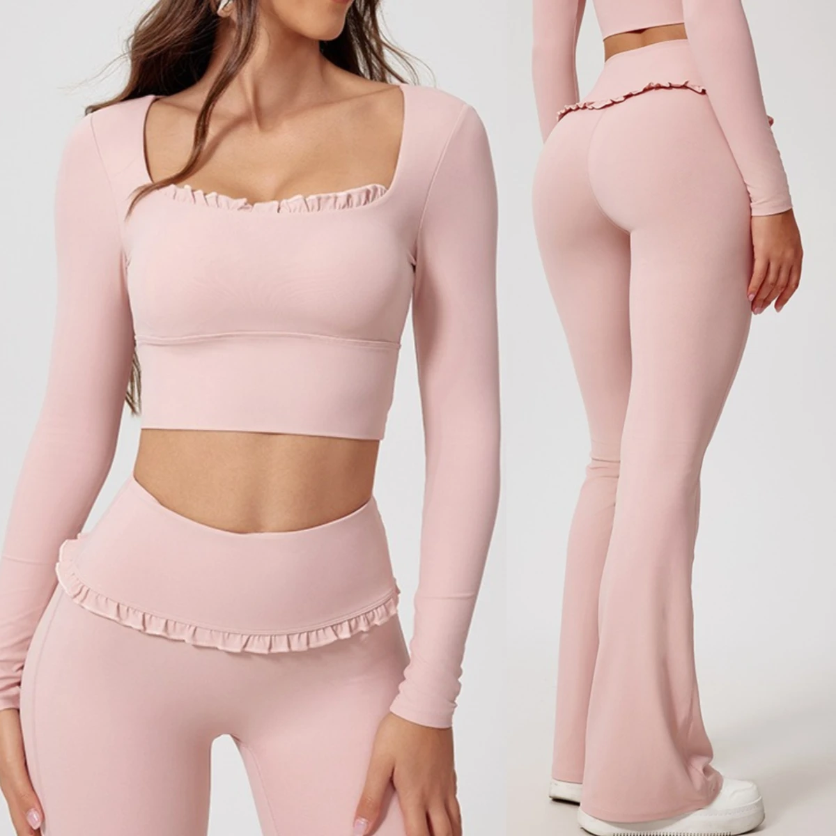 2026 Hot Women Shirts Long Sleeve for Yoga Crop Top Square Neck Workout Clothing with Chest Pads Fitness T Shirts Sportswear