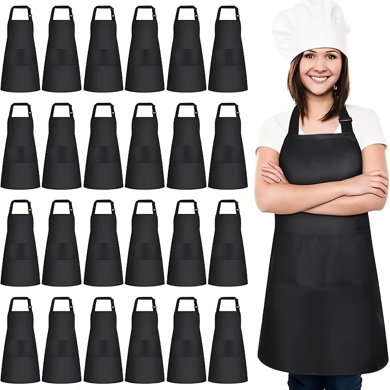 

24 Pack Adjustable Bib Apron With 2 Pockets Black Aprons Bulk For Server Adult Women Kitchen Apron Water