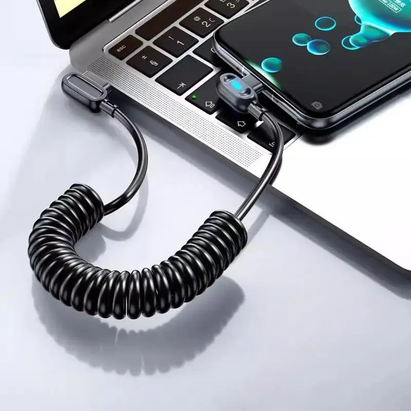 1Pcs Dual Right Angle Coiled USB C Cable 6A Fast Charging Glowing LED Light for Type C Phone Charger Cord