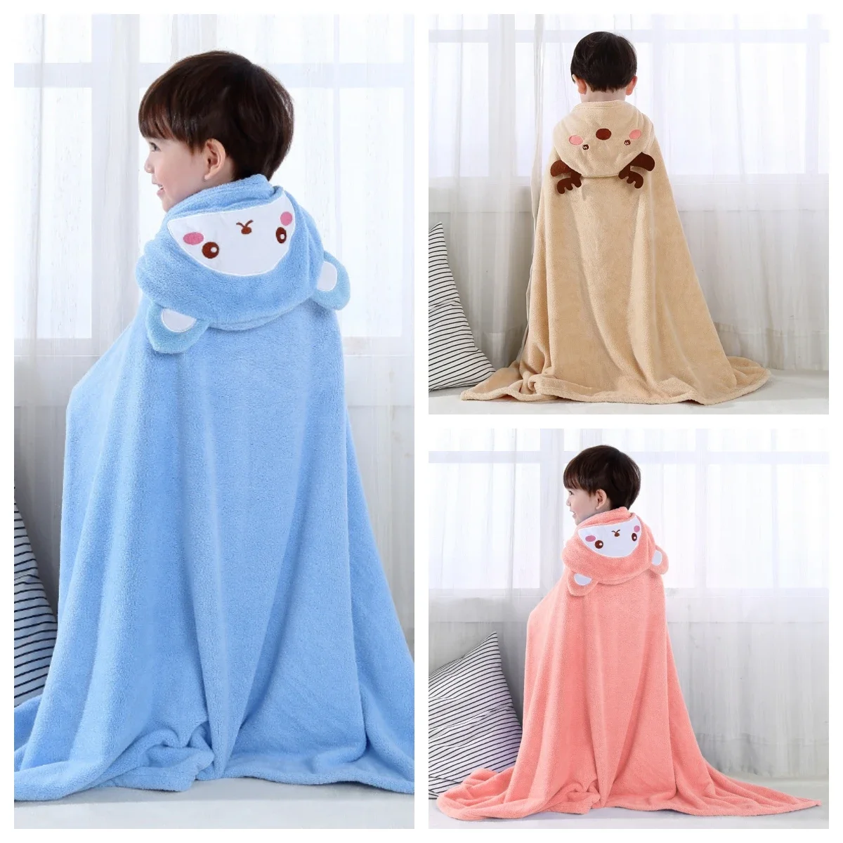 Quick-drying Coral Velvet Bathrobe Hooded Cartoon Cloak Softand Comfortable Children\'s Bath Towel Cloak Baby Belt Cap Bath Towel