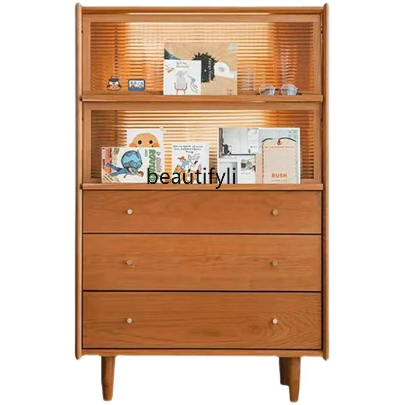 

Solid Wood Dining Side Chest of Drawers Glass Storage Cabinet Living Room TV Side Cabinet Small Apartment Magazine Bookcase