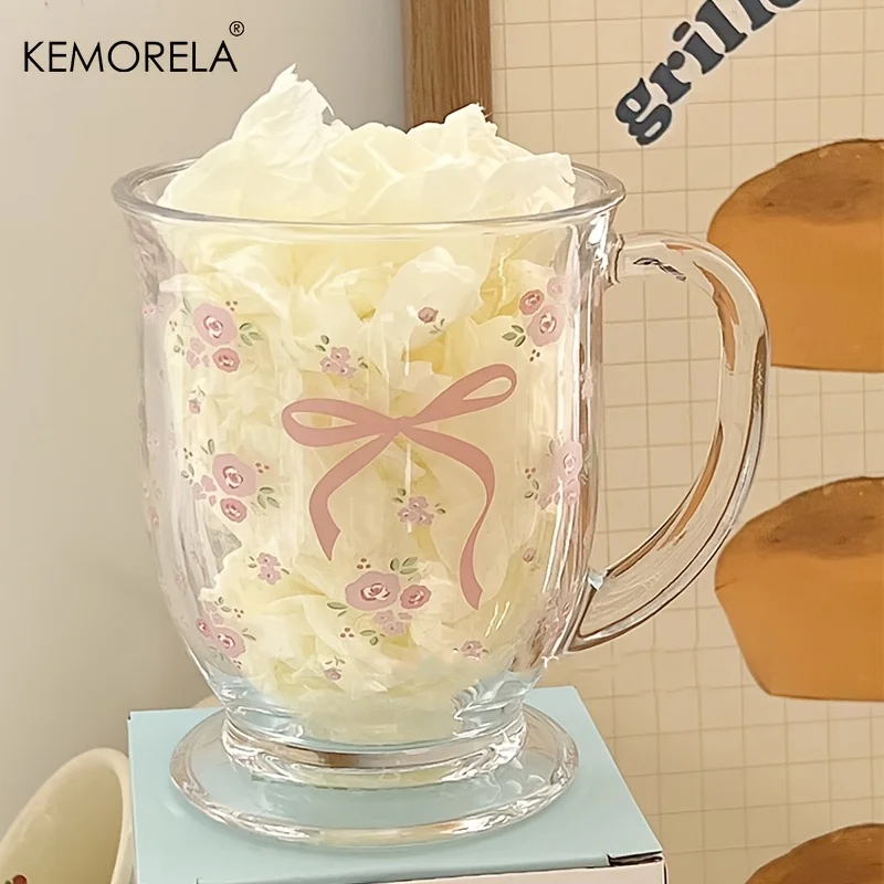 KEMORELA 1/2PCS Flower Rose Bow Pattern Glass 450ml Multifunctional U-Shaped Hand Washable Reusable Glass Suitable For Coffee