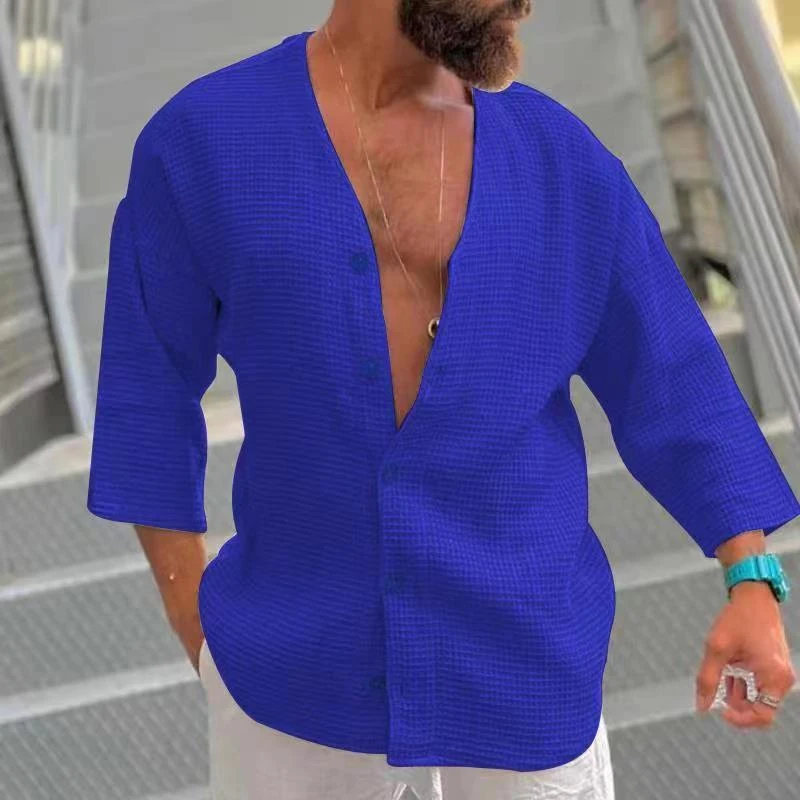 

New Casual Waffle Tops Shirt Men Leisure Long Sleeve Turn-down Collar Button Pure Color Shirts Fashion Loose Mens Clothes Shirt