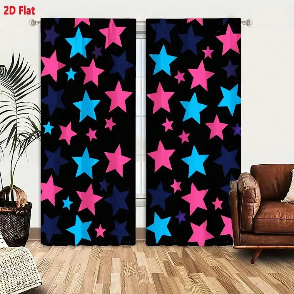 2PCS Curtains Long Curtains Curtain Panel Blackout Starry Night Five-Pointed Stars Light Blocking Panels Blue Pink Navy