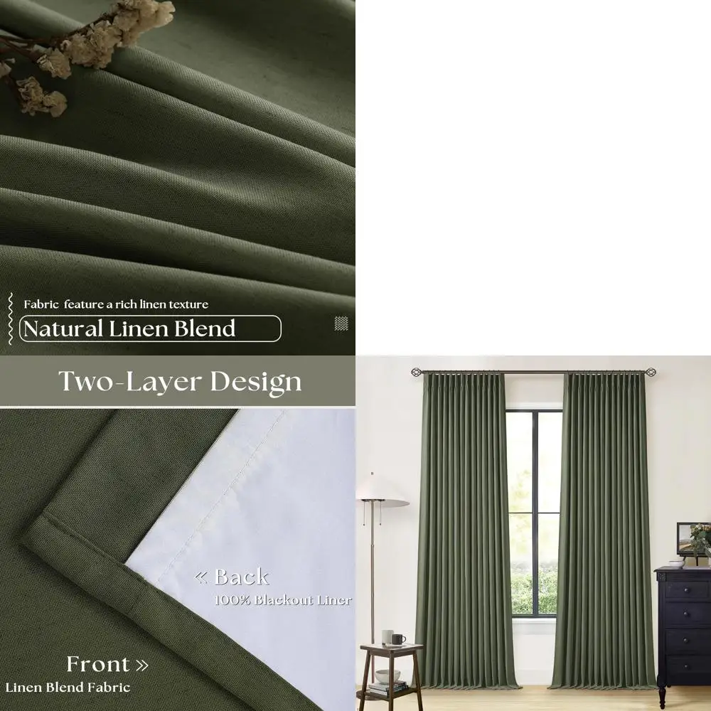 

Olive Green 96 Double Layer Pinch Pleat Blackout Curtains with Ring Hooks for Bedroom and Living Room