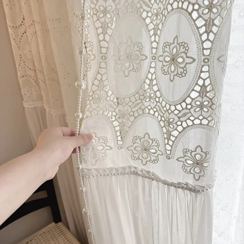 European Cream Medieval Hollow Retro American Light Luxury Embroidered Gauze Curtain, Atmosphere Sheer Curtain for Living Room