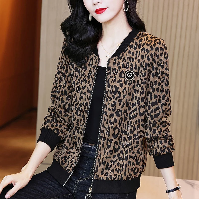 

plus Size Women's Anti-Aging Meat Covering Spring Autumn New Fashionable All-Match Jacket Sweatshirt Leopard Print Baseball U...