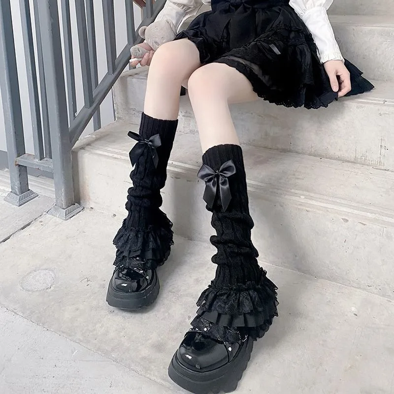 Japanese Lolita Loose Tiered Ruffled Lace Socks Sweet White Women Boot Socks Leg Warmer Fashion Bowknot Stocking 2024 Autumn