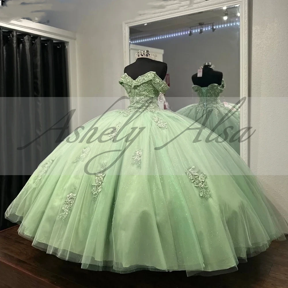 Personalizado Luz Verde Quinceanera Vestidos Para 15 16 Meninas Cap Sleeve Lace Applique Bow Puffy Prom Party Vestidos De 15 Años