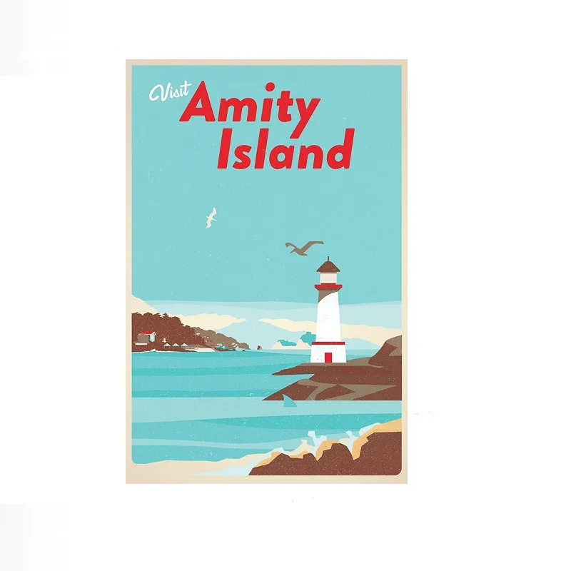 Visit Amity Island Jaws Massachusetts Fantasy Travel Retro Vintage Shark Fin Attack Lighthouse Beach , Art Print Canvas Poster