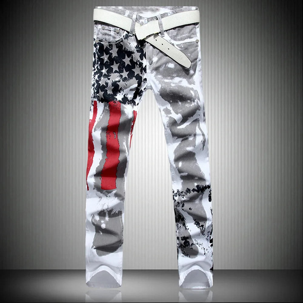 Pantalones vaqueros rectos de alta calle para hombre, vaqueros con estampado de bandera blanca, elásticos, ajustados, informales, de cinco puntas, Hip Hop, de gran tamaño