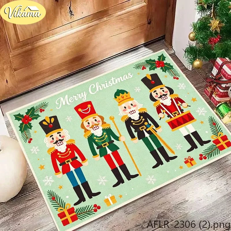 VIKAMA Nutcracker & Elf Flannel Door Mat, Anti-Slip Absorbent Floor Mat, Decor for Front Door Entryway Kitchen Bedroom