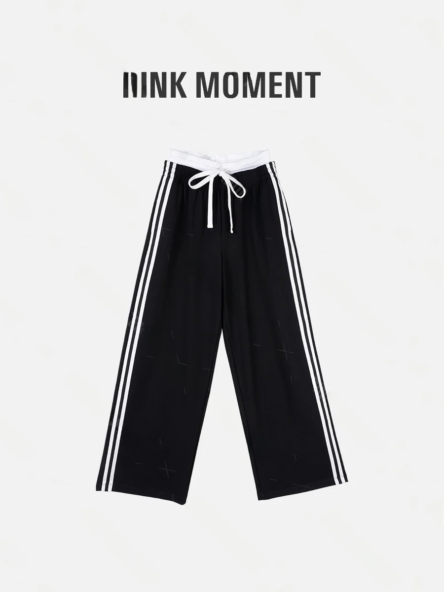 

Comfortable Wide Leg Casual Pants Women's High Waist Dstring Side White Stripes Slimming Versatile Leisure Trousers