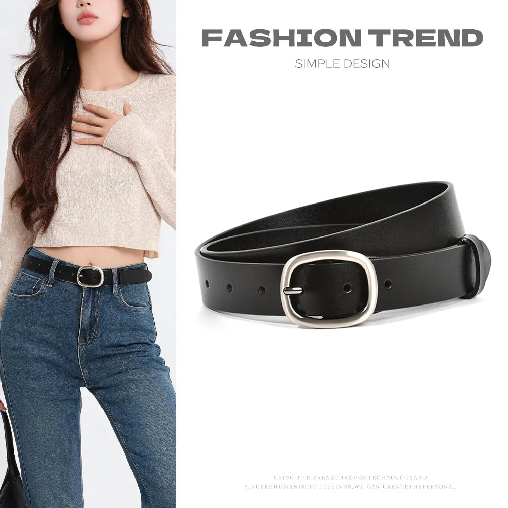 Minimalist neutral style belt with high-end feel, retro cowhide black belt, versatile Hong Kong style matching, casual jeans