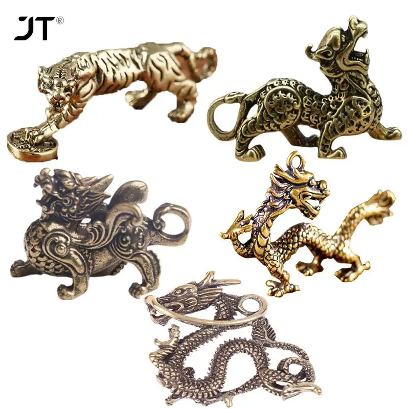 Copper Tiger Dragon Statue Figurine Wealth Brass Ornament Retro Chinese Zodiac Qilin Dragon Pendant LuckAnimal Fengshui HomeDeco