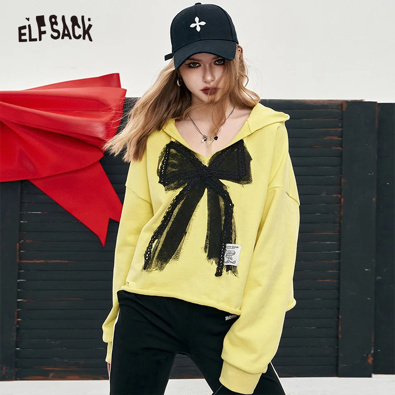 ELFSACK v-neck pullovers hooded color contrast long sleeve sweet top for women 2024 new large bow ripped designation fashion cot