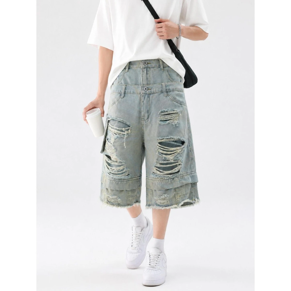 

American Vibe Large Size Washed Hole Denim Men's Street Straight Loose Slim Wide Leg Mid-Length Pants Trendy Jeans