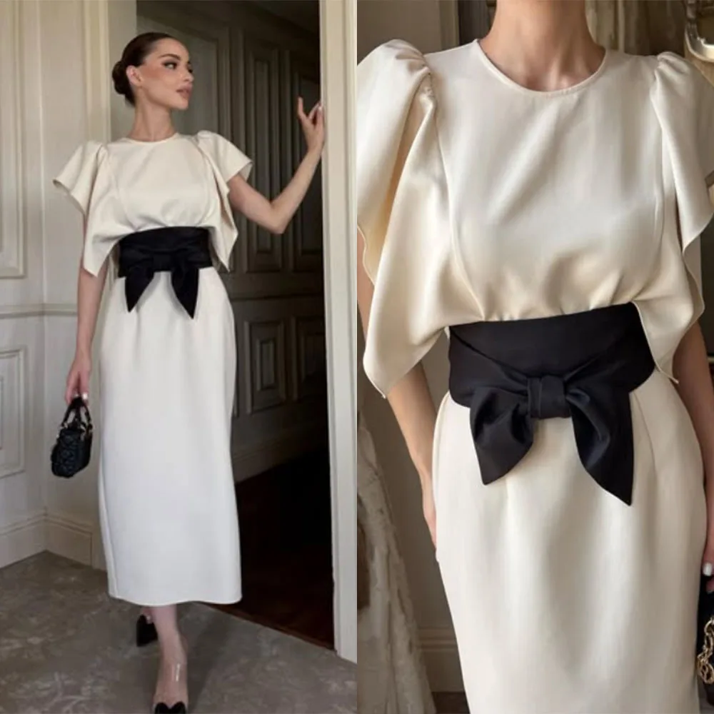 

High Quality Customized O-neck Ankle Length Bow Color Contrast Short Sleeves Платье Корейский Стиль Kate Middleton Dress Dresses