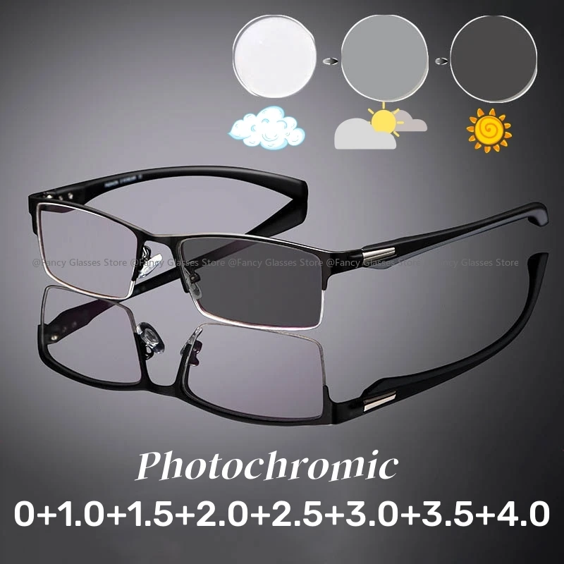 Men Anti-UV Photochromic Glasses Outdoor Trendy Square Half Frame Reading Glasses for Women Retro Vintage Sunglasses 0+1.0+4.0