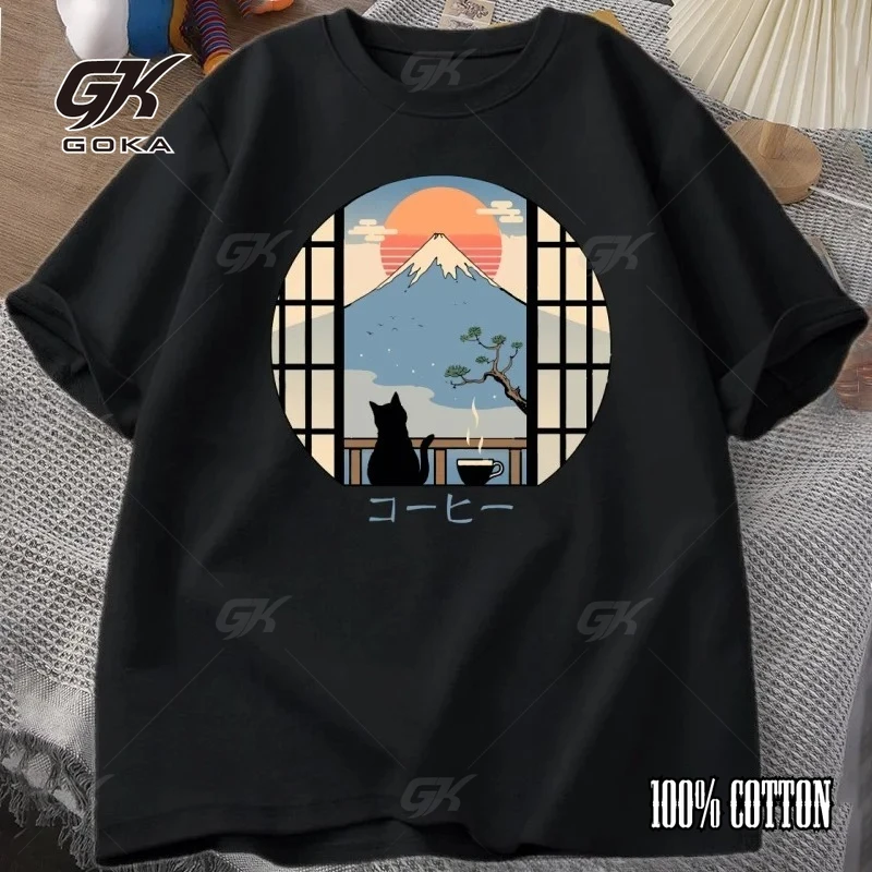 

Футболка Coffee Cat in Mt Fuji для мужчин и женщин, футболка с круглым вырезом и коротким рукавом, футболка с принтом в мультяшном стиле, хлопковые топы большого размера