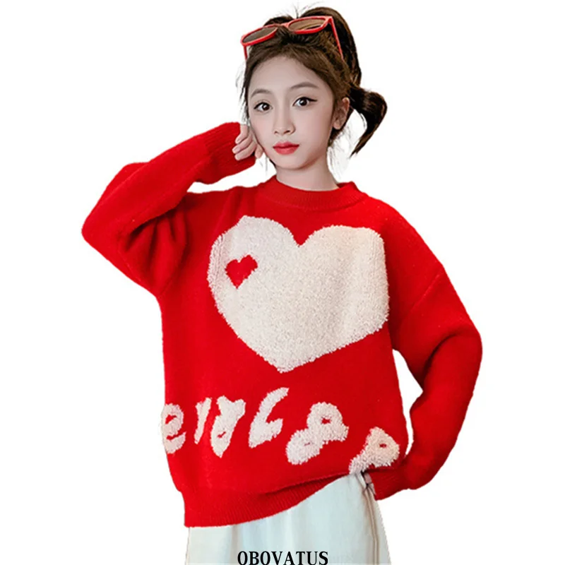 

Fashion Kids Red Color A Heart Pattern Sweater For Girl High Street Knitwear with Heart Child New Spring Knitted Clothes Costume