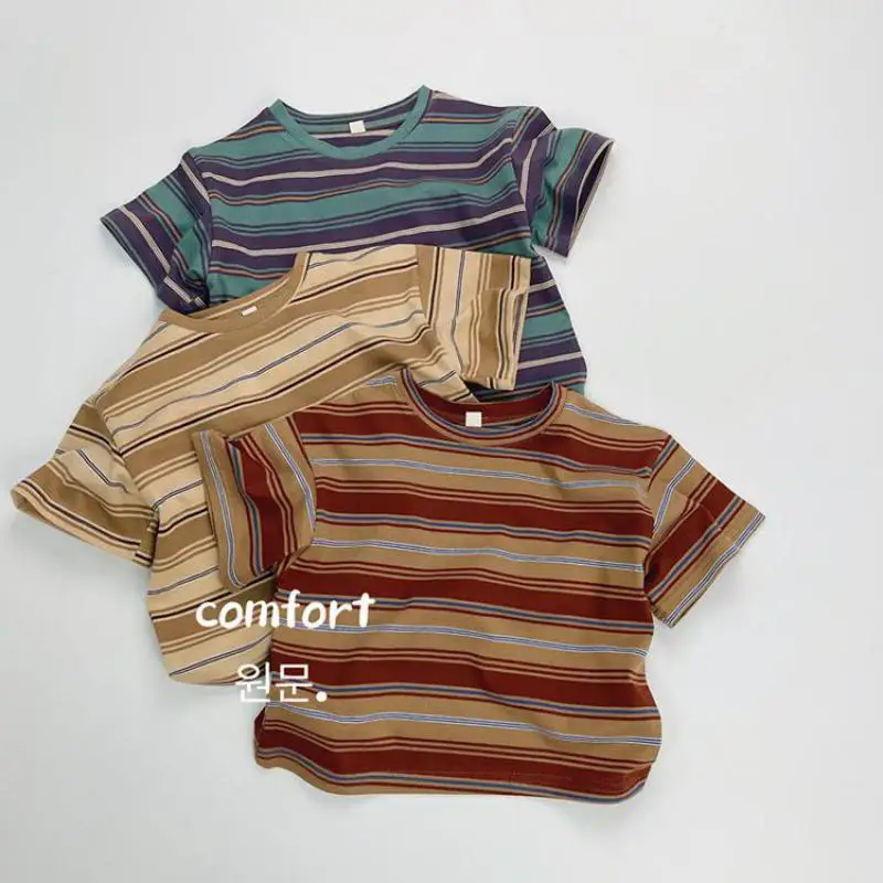 2024 Summer Boy Girl Baby Retro Striped Short Sleeves T-shirt Loose Children Pullover Shirt Kids Casual Tops Toddler Cotton Tees