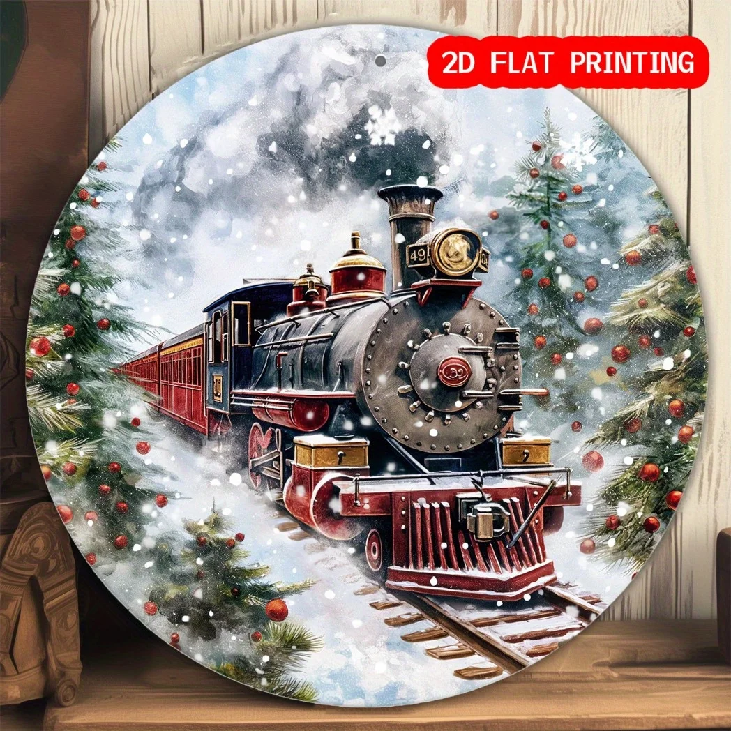 2D Flat1pc Retro Polar Train Metal Sign- 8x 8inch Aluminum Round Wall Art with Snow Train and Decorations, Home, Bars, Cafes, Ki