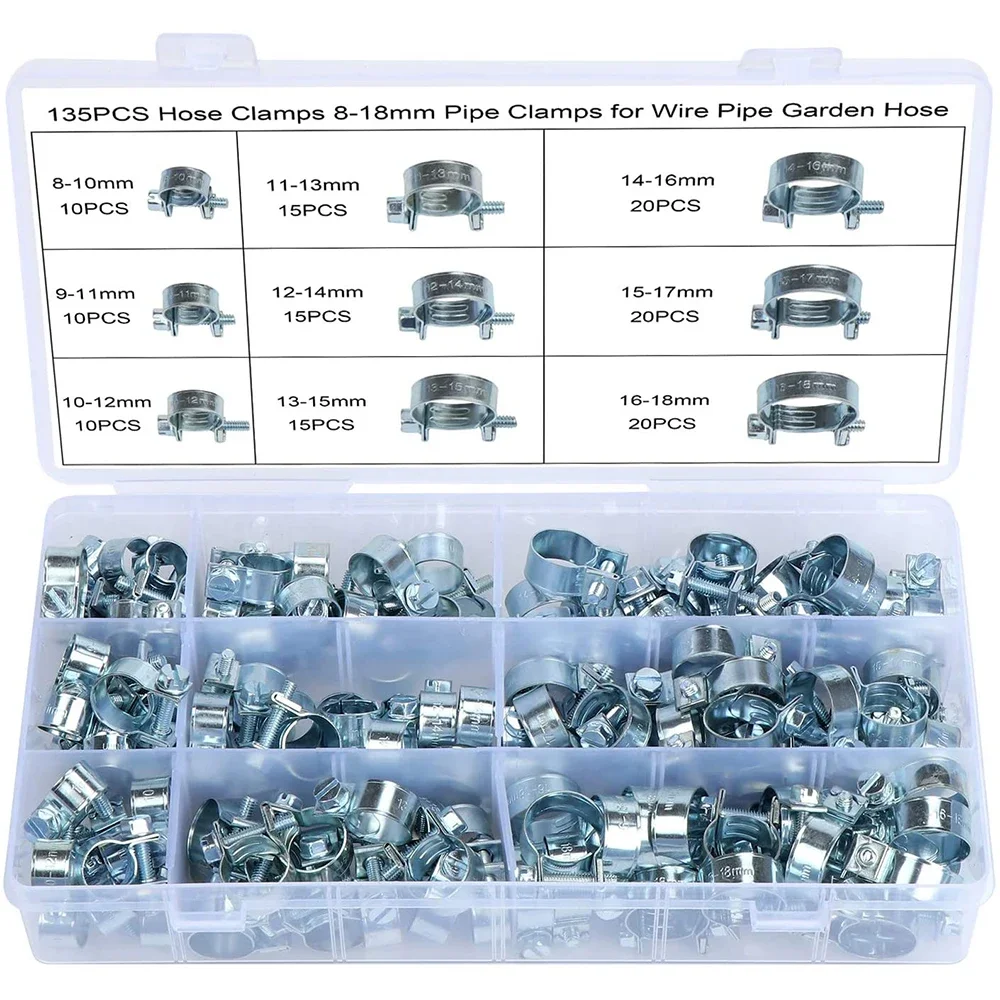 135 pieces of mini fuel injection hose clamp galvanized steel hose clamp combination kit 8-18 mm for automotive fuel lines