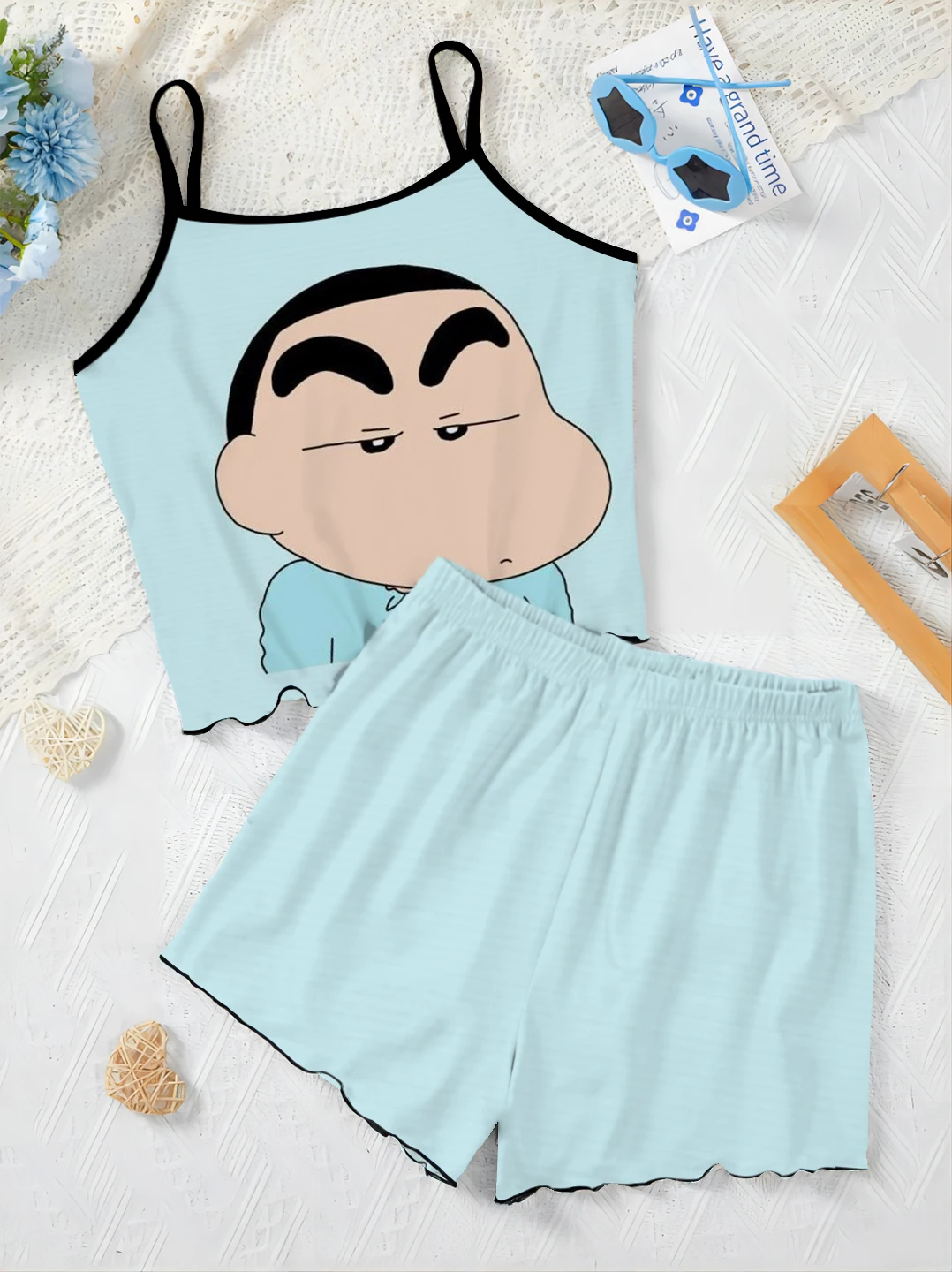 

Women's Suit Short Sets Crayon Shin-chan Slip Dress Top Satin Surface T-shirt Pajama Skirt Lettuce Trim Pieces Elegant Home Top